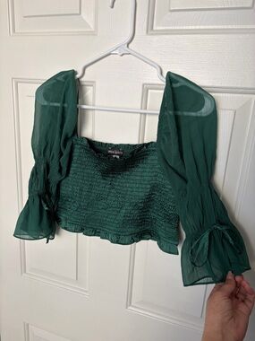 Urban Outfitters Emerald Green Smocked Puff-Sleeve Crop Top